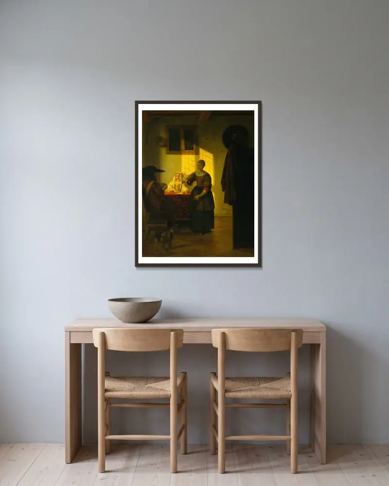 Par som spelar kort med tjänstekvinna av Pieter De Hooch inramad på en vägg