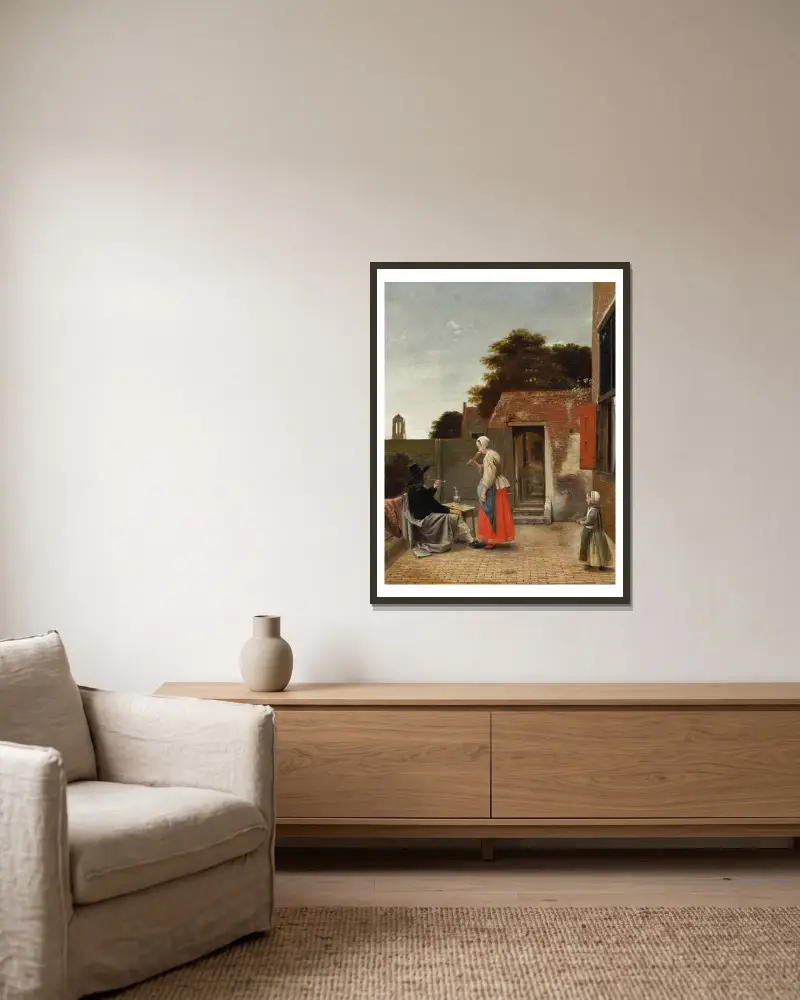 Rökande man och drickande kvinna på gård av Pieter De Hooch inramad på en vägg