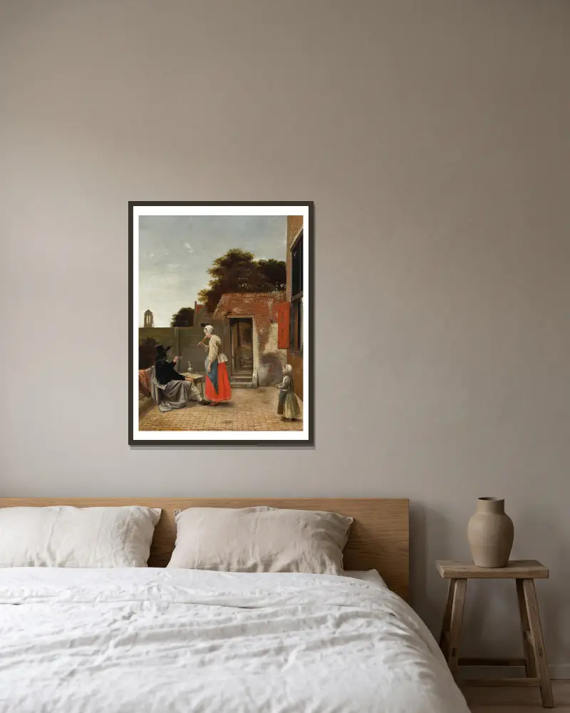 Rökande man och drickande kvinna på gård av Pieter De Hooch inramad på en vägg
