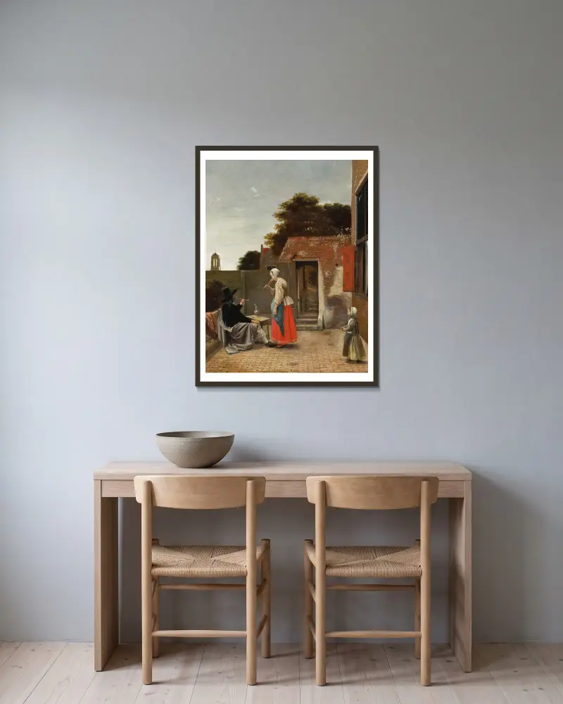 Rökande man och drickande kvinna på gård av Pieter De Hooch inramad på en vägg
