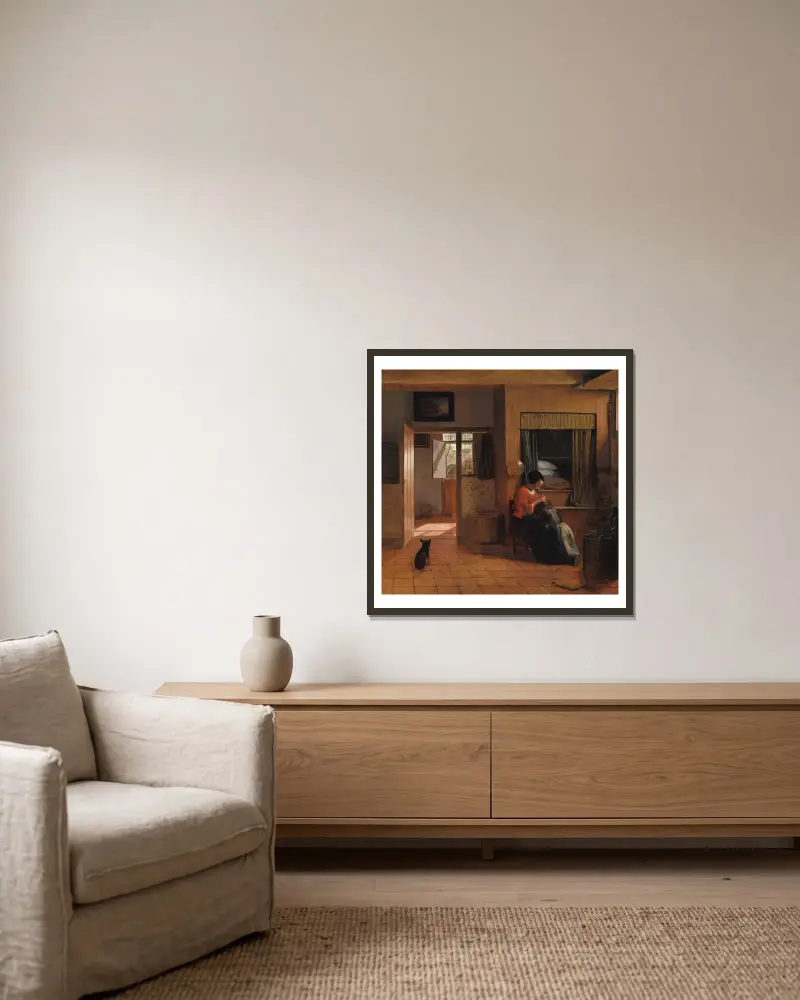 A Mother Delousing her Child’s Hair av Pieter De Hooch inramad på en vägg