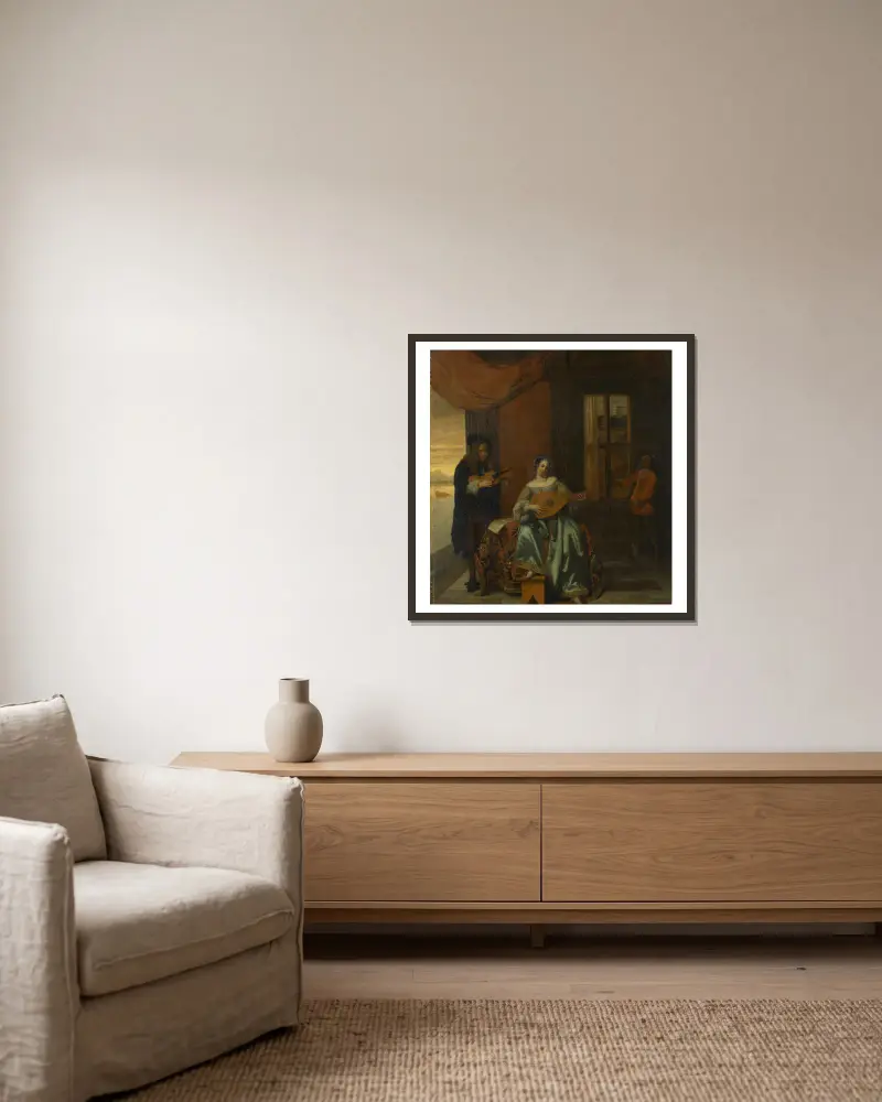 Interiör med en kvinna som spelar luta och en man som spelar violin av Pieter De Hooch inramad på en vägg