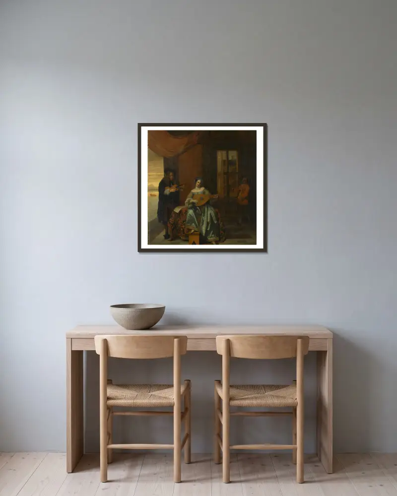 Interiör med en kvinna som spelar luta och en man som spelar violin av Pieter De Hooch inramad på en vägg