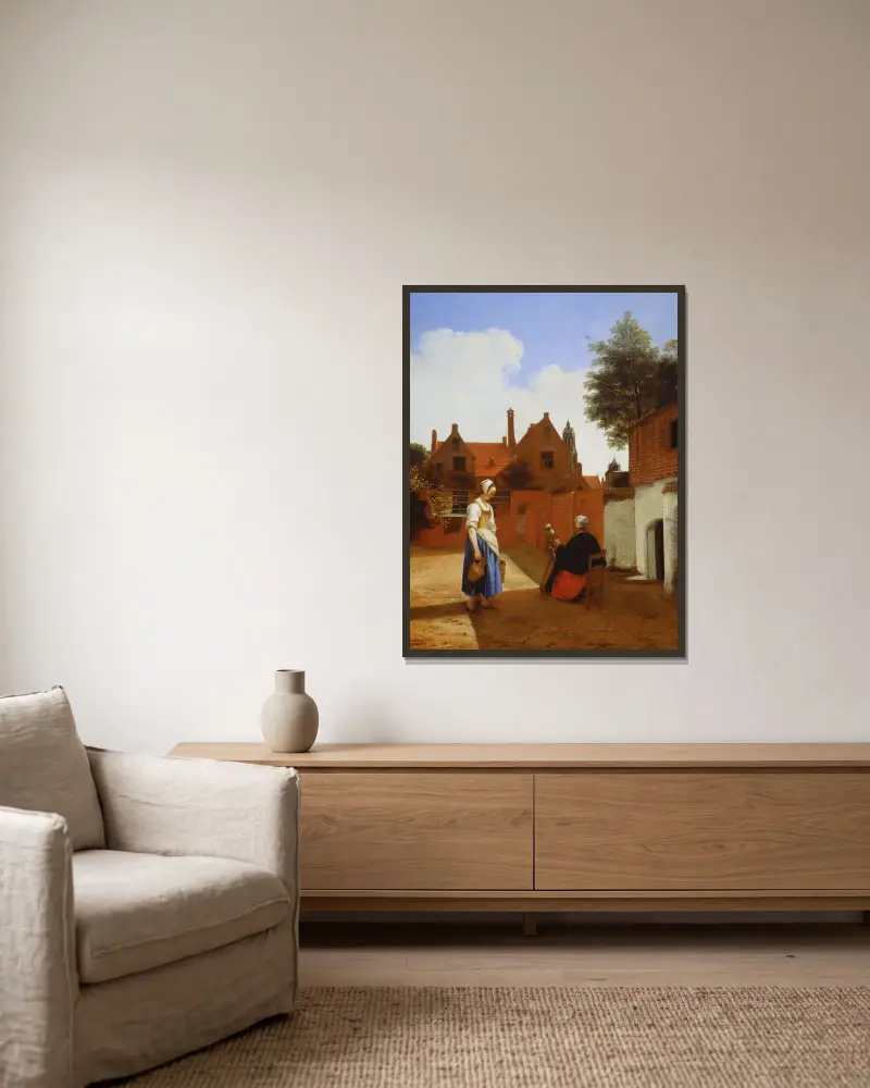 Gård i Delft på kvällen – en kvinna som spinner av Pieter De Hooch inramad på en vägg