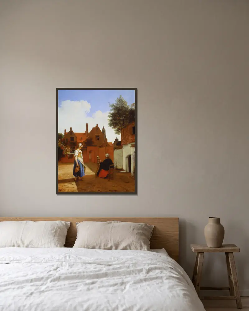Gård i Delft på kvällen – en kvinna som spinner av Pieter De Hooch inramad på en vägg