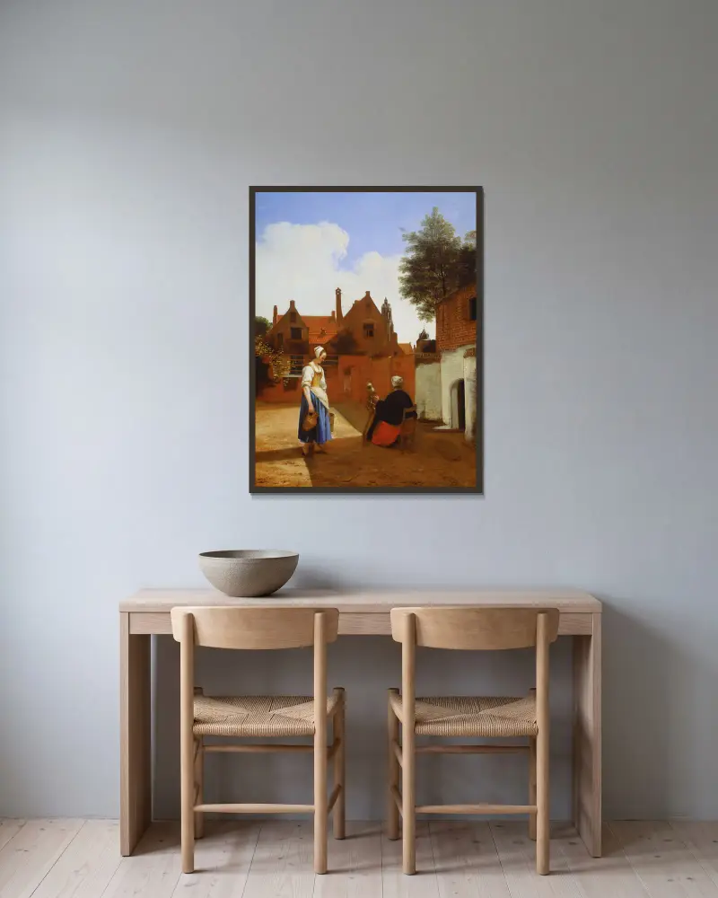 Gård i Delft på kvällen – en kvinna som spinner av Pieter De Hooch inramad på en vägg