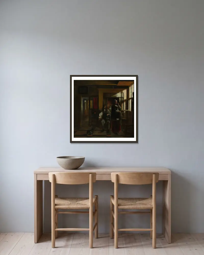 Interior with a Young Couple av Pieter De Hooch inramad på en vägg