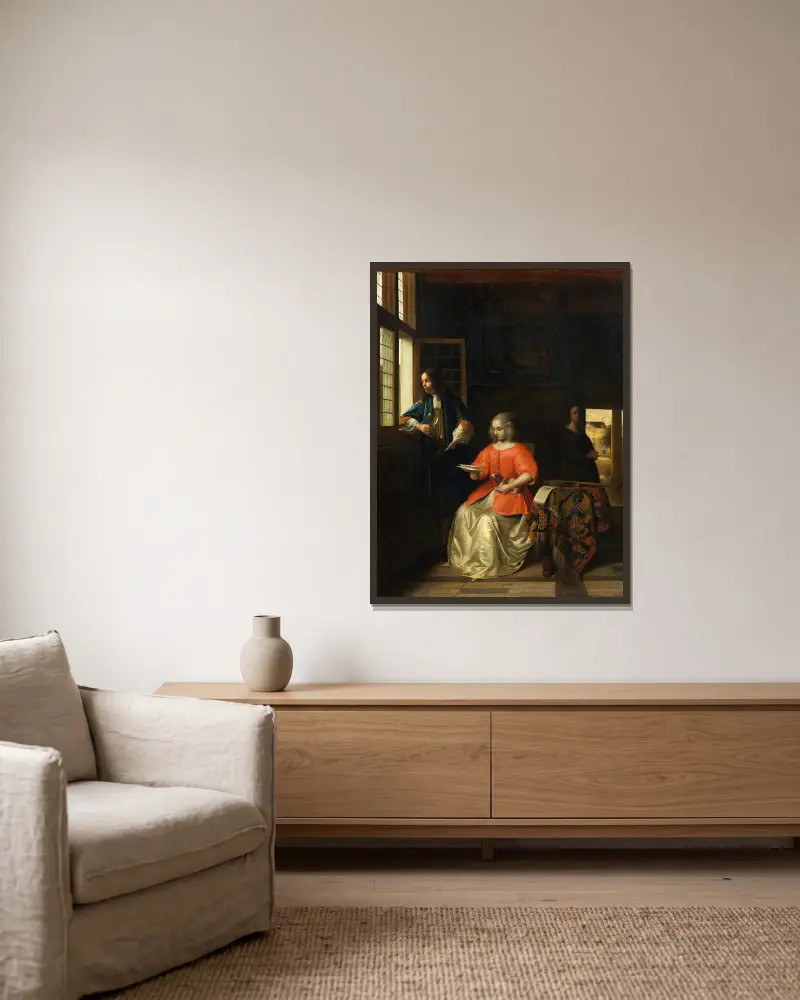Interieur mit einer jungen Dame, die einen Brief liest von Pieter De Hooch gerahmt an einer Wand