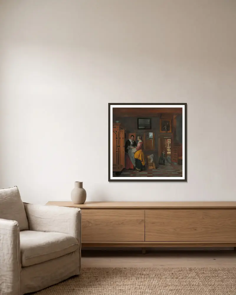 Interior with Women beside a Linen Cupboard av Pieter De Hooch inramad på en vägg