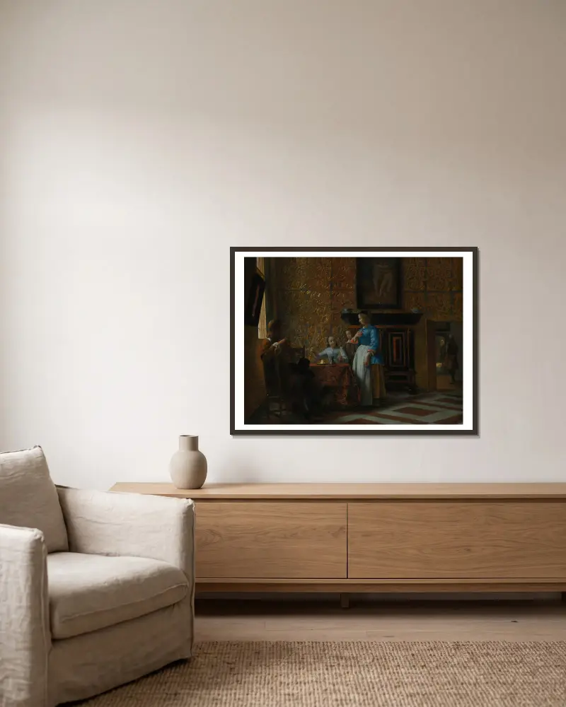 Leisure Time in an Elegant Setting av Pieter De Hooch inramad på en vägg