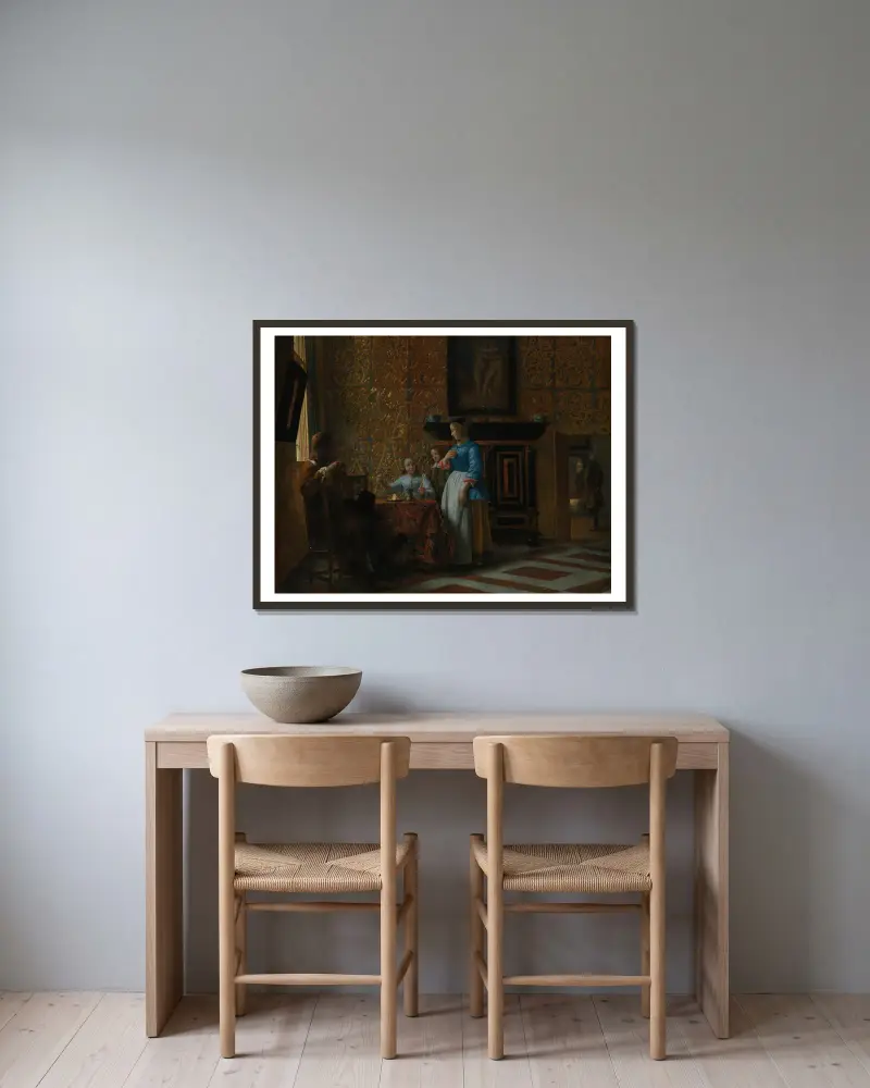 Leisure Time in an Elegant Setting av Pieter De Hooch inramad på en vägg