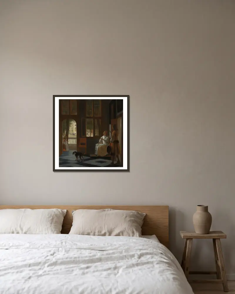 Mann, der einer Frau in der Eingangshalle eines Hauses einen Brief überreicht von Pieter De Hooch gerahmt an einer Wand