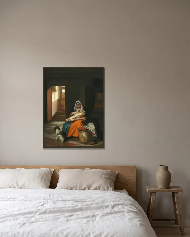 Mother Nursing Her Child av Pieter De Hooch inramad på en vägg