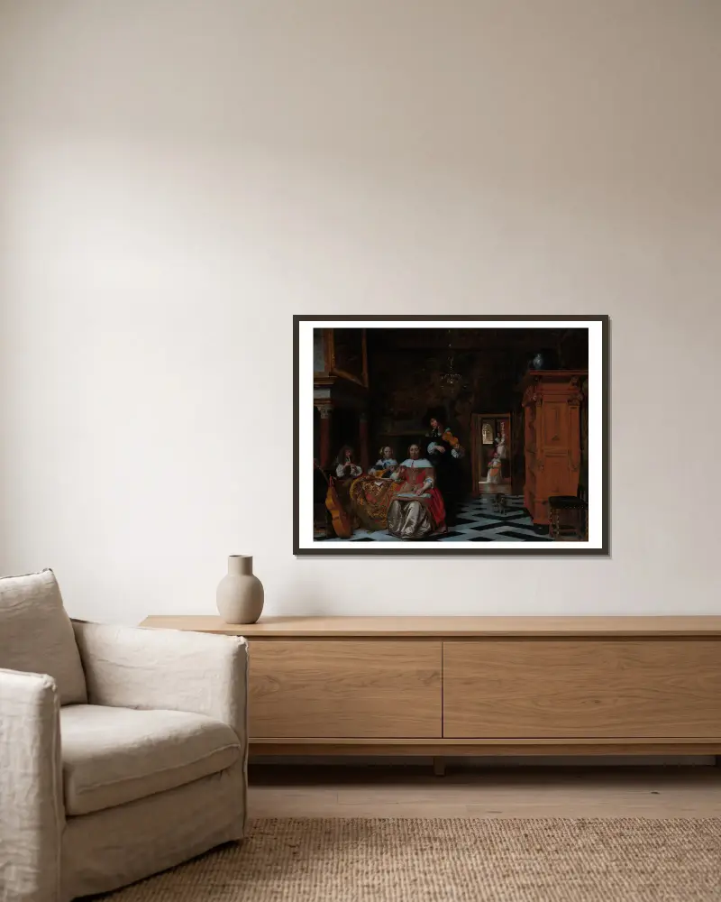 Familj som musicerar av Pieter De Hooch inramad på en vägg