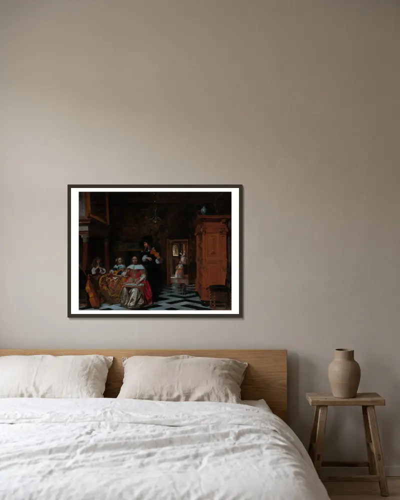 Familj som musicerar av Pieter De Hooch inramad på en vägg