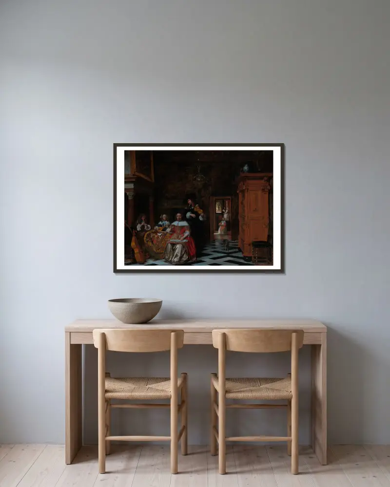 Familj som musicerar av Pieter De Hooch inramad på en vägg