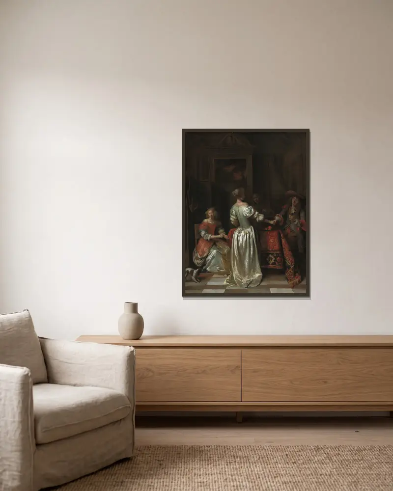 The Greeting av Pieter De Hooch inramad på en vägg