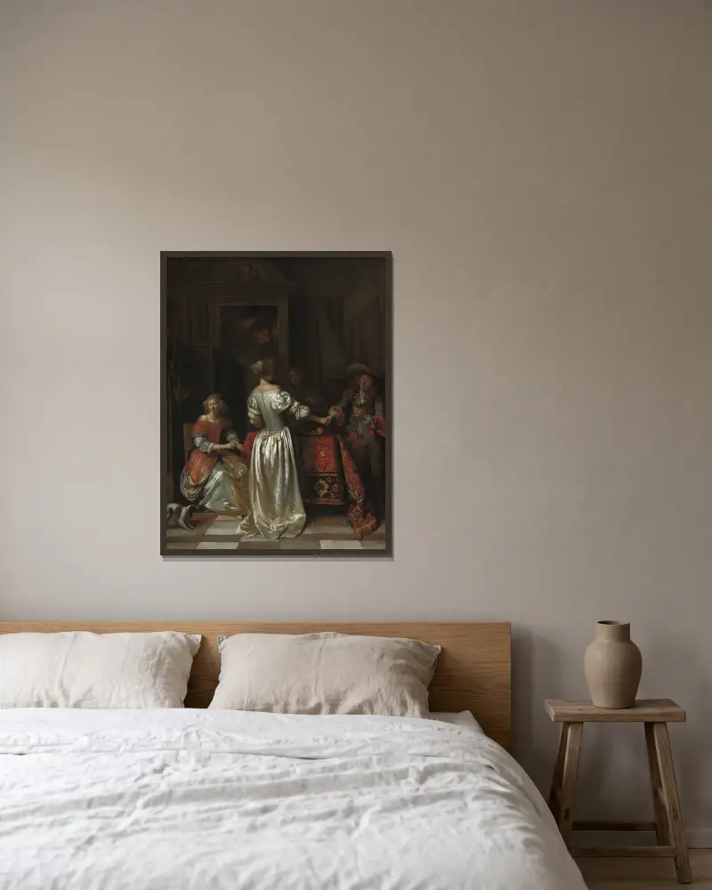 The Greeting av Pieter De Hooch inramad på en vägg
