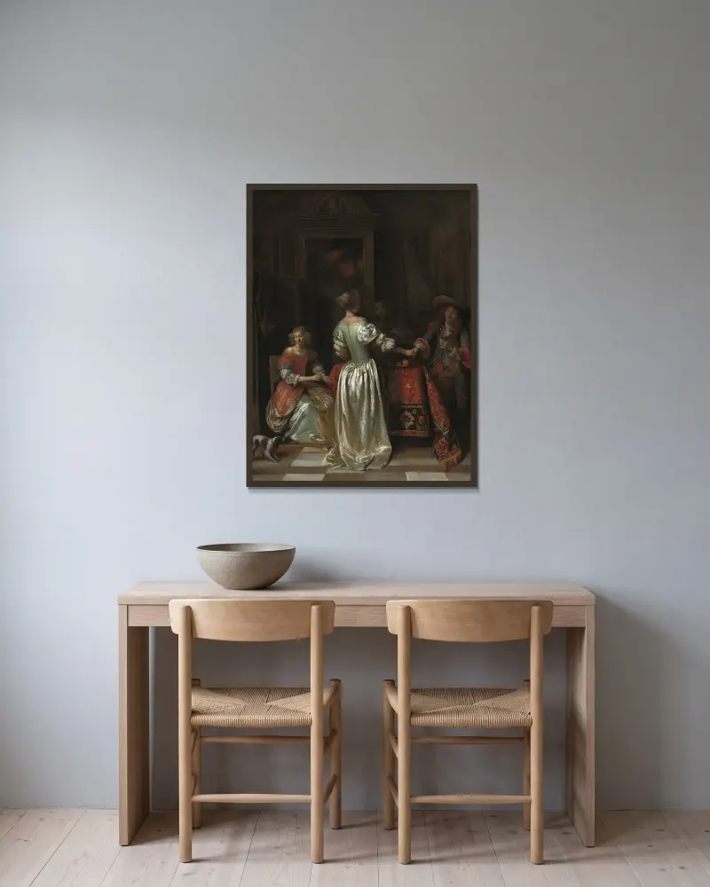 The Greeting av Pieter De Hooch inramad på en vägg