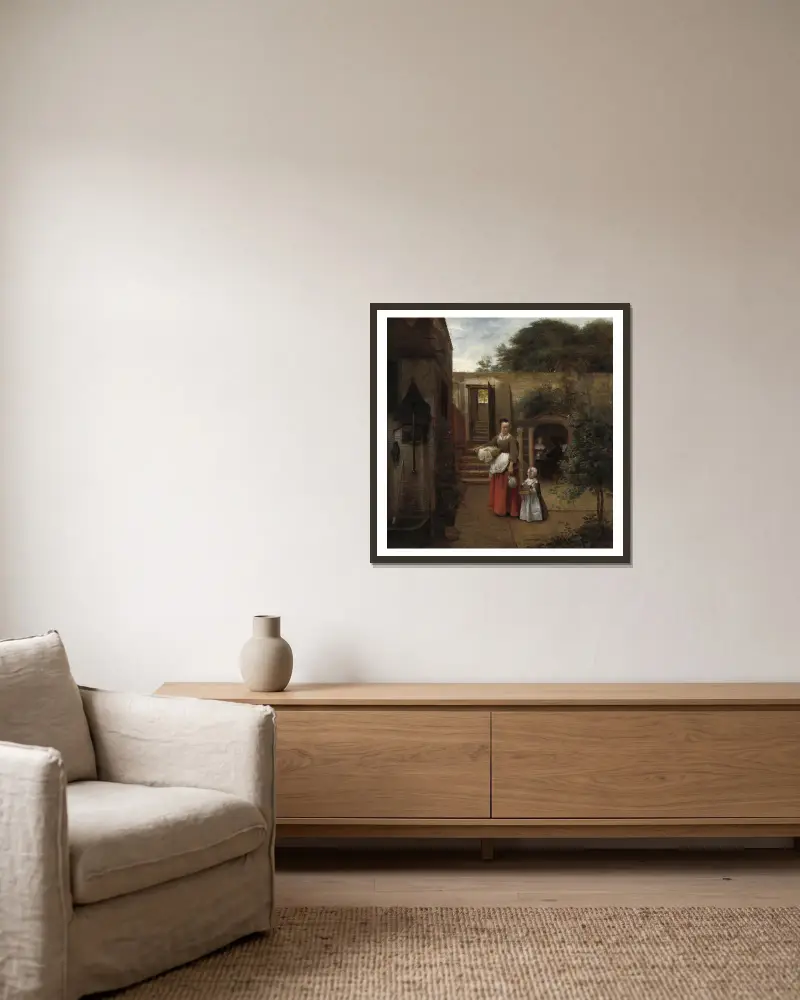Kvinna och barn på en gård av Pieter De Hooch inramad på en vägg