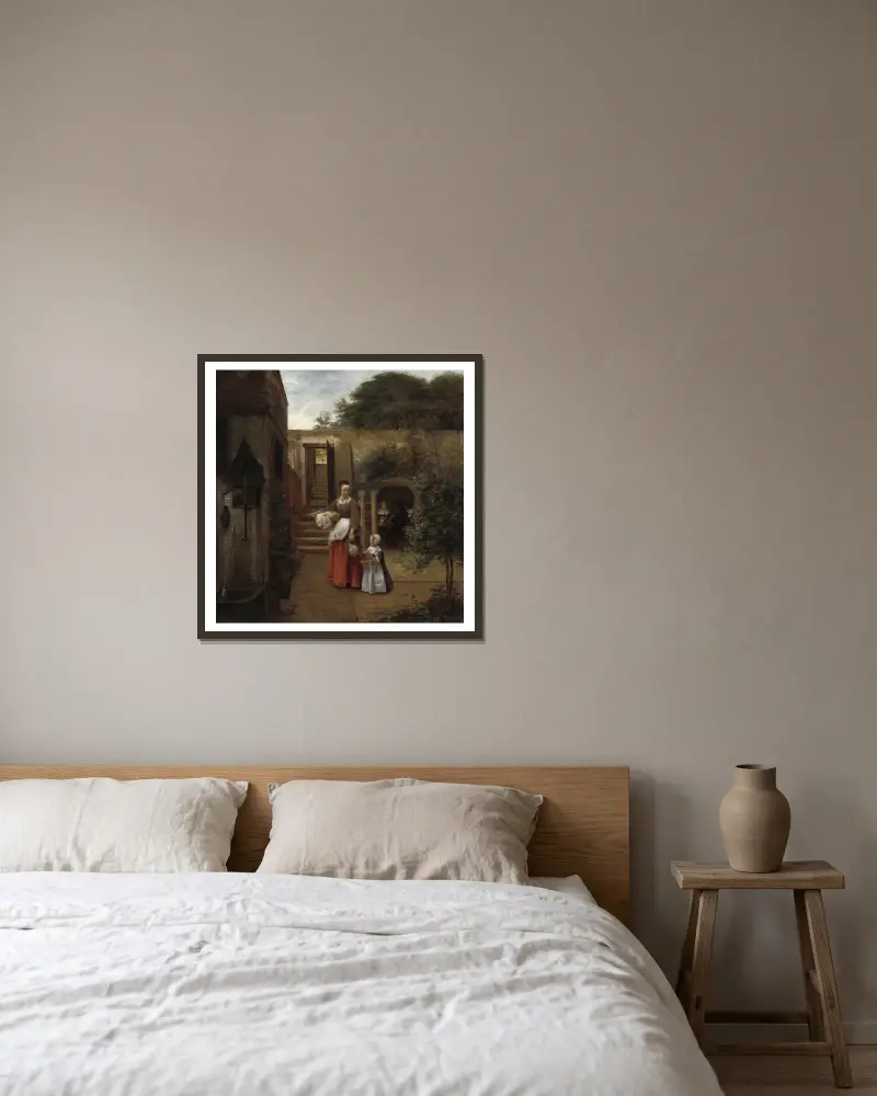 Kvinna och barn på en gård av Pieter De Hooch inramad på en vägg