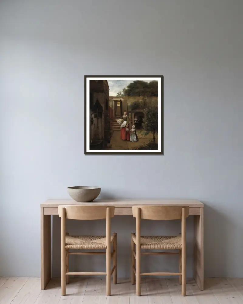 Kvinna och barn på en gård av Pieter De Hooch inramad på en vägg