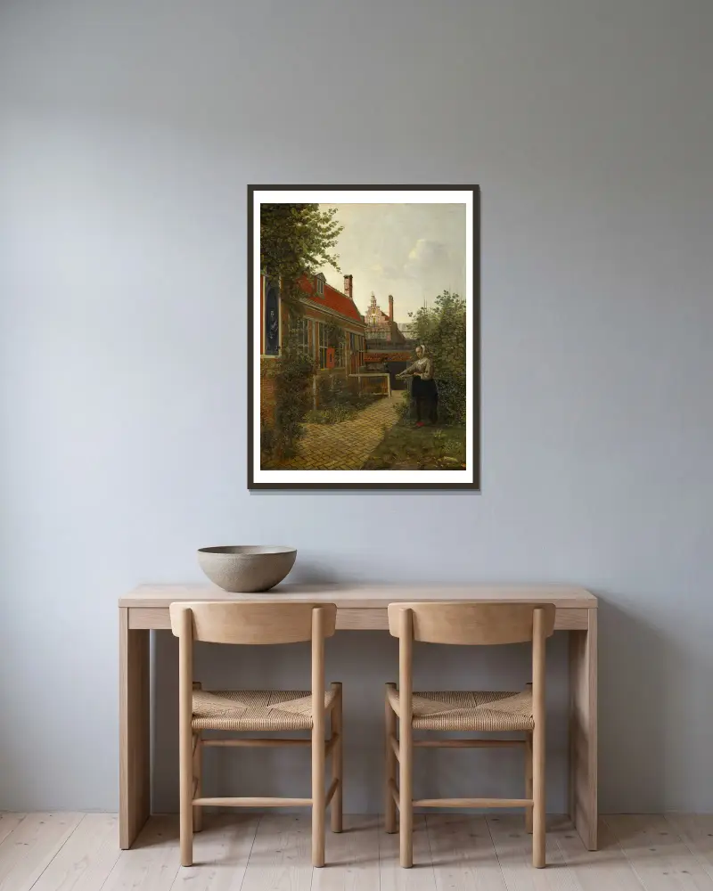 Kvinna med en korg bönor i en köksträdgård av Pieter De Hooch inramad på en vägg
