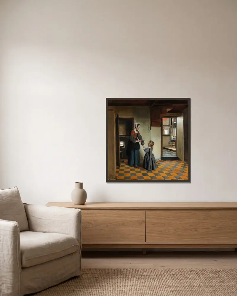 Kvinna med ett barn i ett skafferi av Pieter De Hooch inramad på en vägg