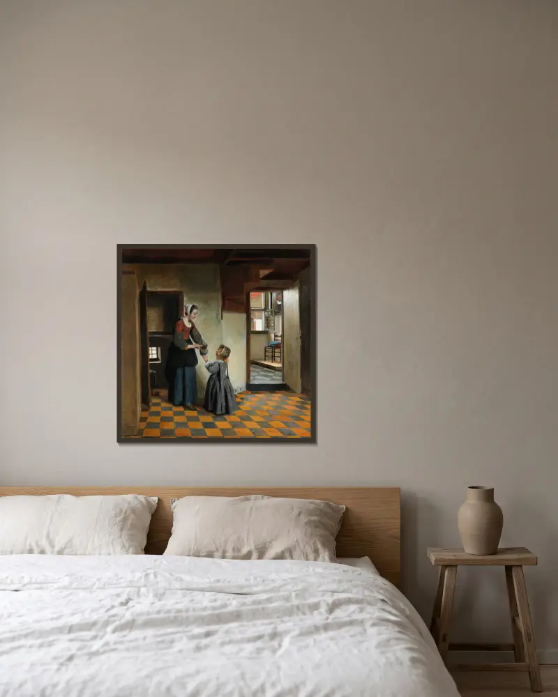 Kvinna med ett barn i ett skafferi av Pieter De Hooch inramad på en vägg