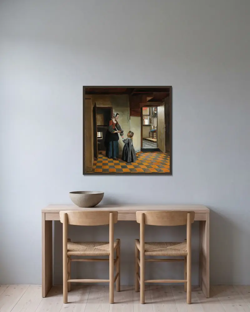 Kvinna med ett barn i ett skafferi av Pieter De Hooch inramad på en vägg