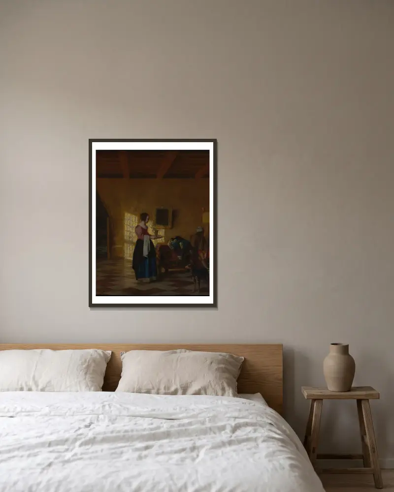 Woman with a Water Pitcher, and a Man by a Bed av Pieter De Hooch inramad på en vägg