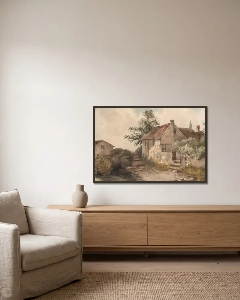 Landschaft mit Haus von Nicaise De Keyser gerahmt an einer Wand