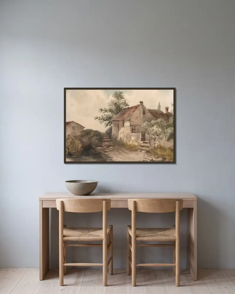 Landschaft mit Haus von Nicaise De Keyser gerahmt an einer Wand