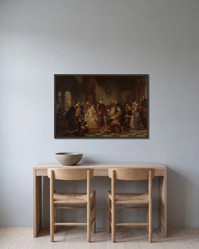 Erzherzog Albrecht und Isabella besuchen den Drucker Plantin von Nicaise De Keyser gerahmt an einer Wand