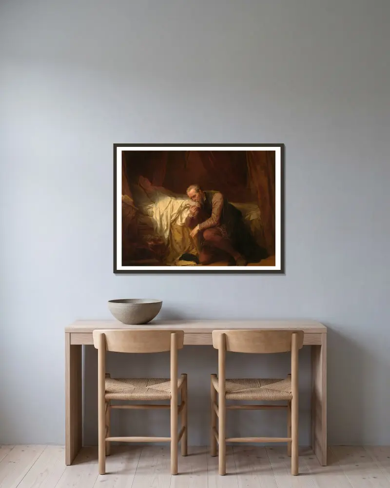 Konstnären Michelangelo vid Vittoria Colonnas dödsbädd av Nicaise De Keyser inramad på en vägg