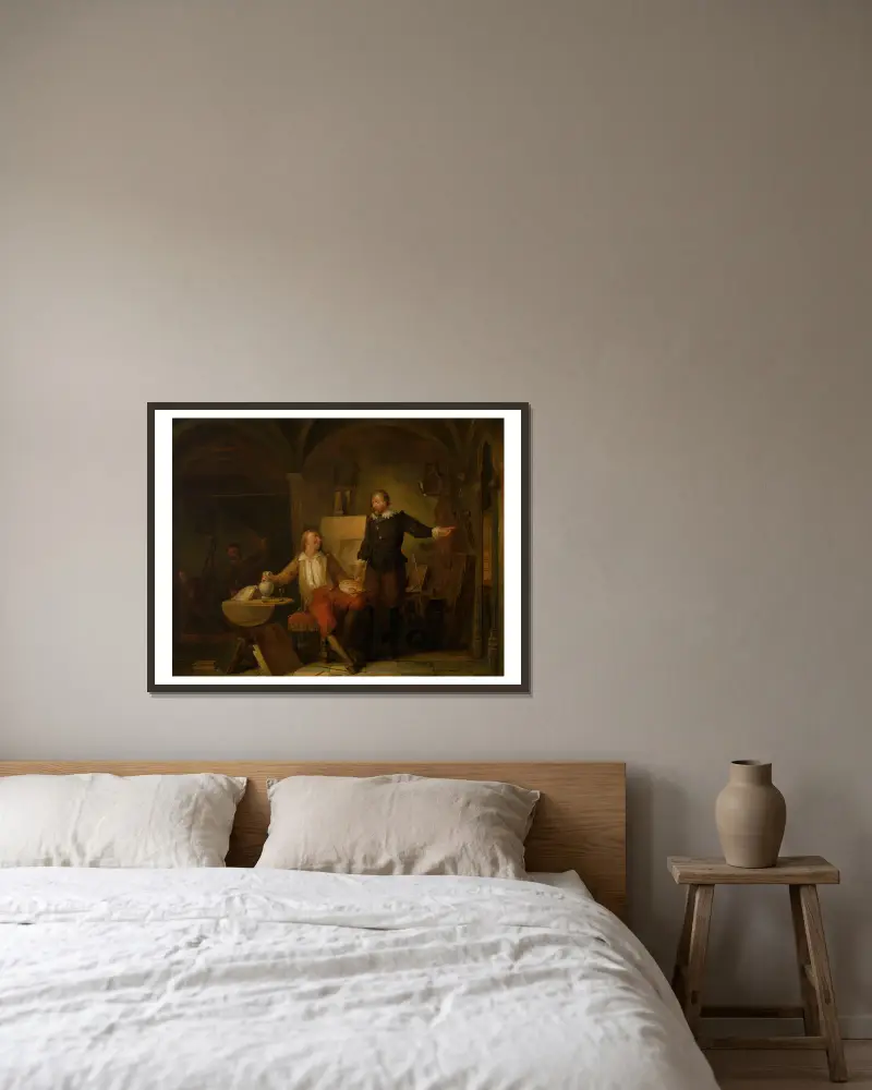 Målaren Joos van Craesbeecks ateljé av Nicaise De Keyser inramad på en vägg