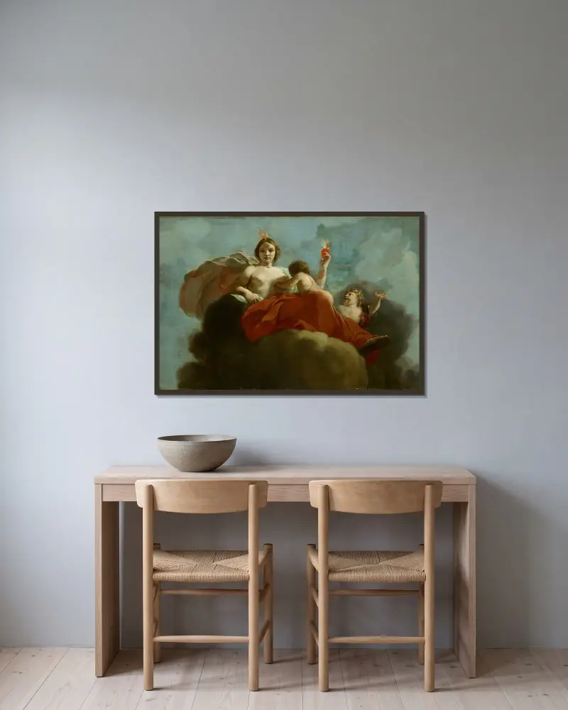 Caritas; allegorisk framställning av vården av spetälska och sinnessjuka av Gerard de Lairesse inramad på en vägg