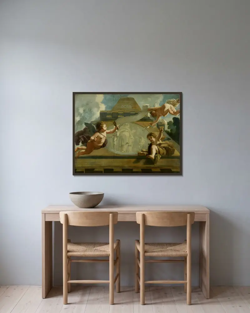 Den helige Antonius eremiten; allegorisk framställning av vården av spetälska och sinnessjuka av Gerard de Lairesse inramad på en vägg