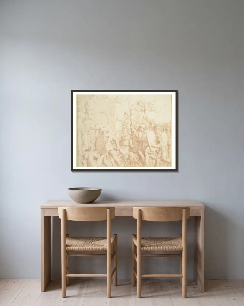 En imperator tågar triumferande in i Rom av Gerard de Lairesse inramad på en vägg