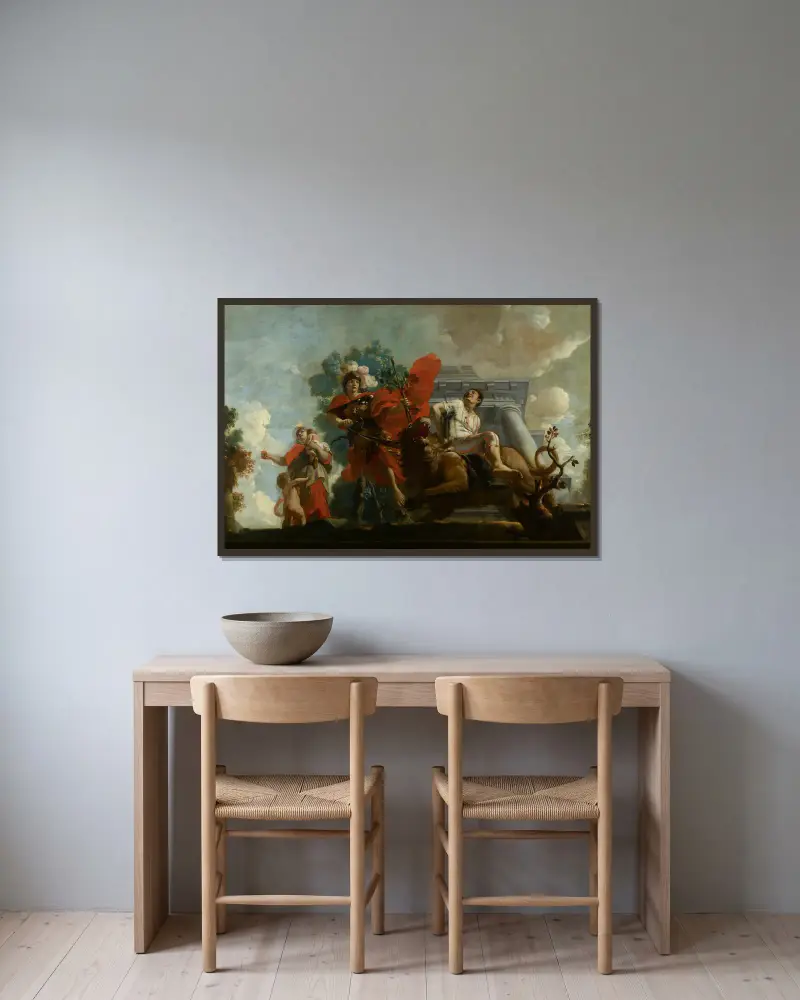 Fortitudo tyglar dårskapen; allegorisk framställning av vården av spetälska och sinnessjuka av Gerard de Lairesse inramad på en vägg