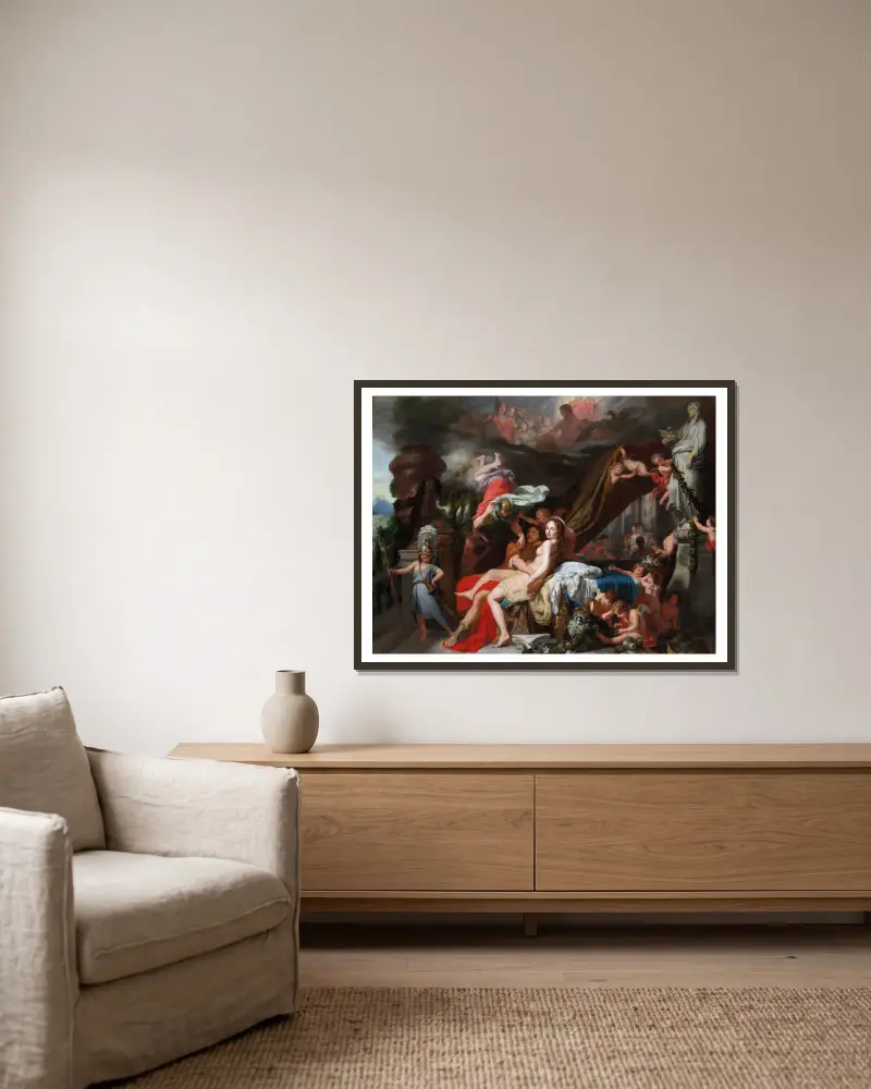 Hermes befiehlt Kalypso, Odysseus freizulassen von Gerard de Lairesse gerahmt an einer Wand