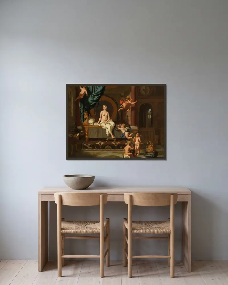 Herse väntar på Mercurius ankomst av Gerard de Lairesse inramad på en vägg