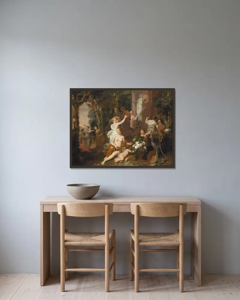Nymfer och backanter hyllar vid Floras tempel av Gerard de Lairesse inramad på en vägg