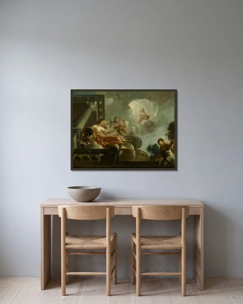 Religio befrämjar Abundantia; allegorisk framställning av vården av spetälska och sinnessjuka av Gerard de Lairesse inramad på en vägg