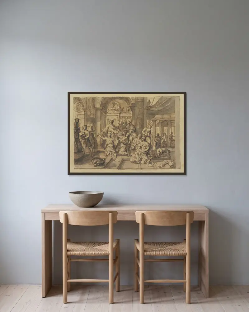 Szene in einem Tempel von Gerard de Lairesse gerahmt an einer Wand