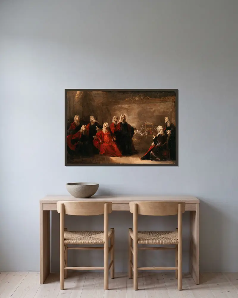 Allegori över förlovningen mellan Ludvig XV och infantinnan Marie-Anne-Victoire av Spanien, 1722 – nr 1 av Nicolas de Largillière inramad på en vägg