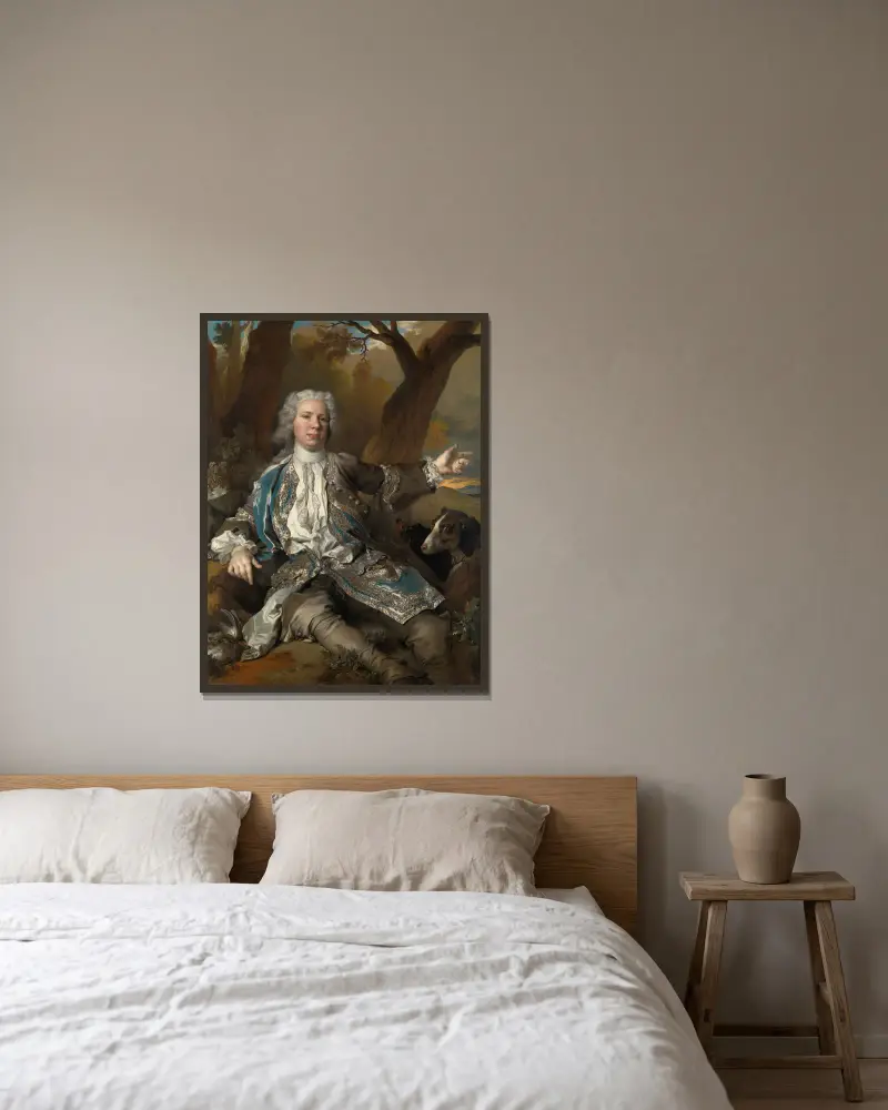 Porträtt av en herre i jaktkläder av Nicolas de Largillière inramad på en vägg