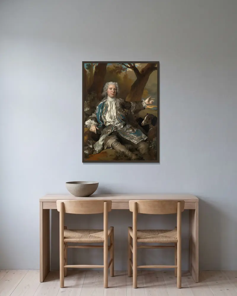 Porträtt av en herre i jaktkläder av Nicolas de Largillière inramad på en vägg