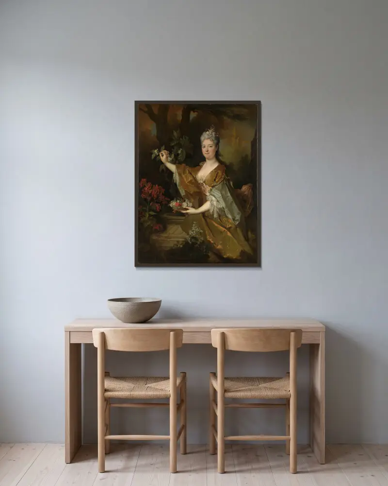 Porträtt av en dam av Nicolas de Largillière inramad på en vägg