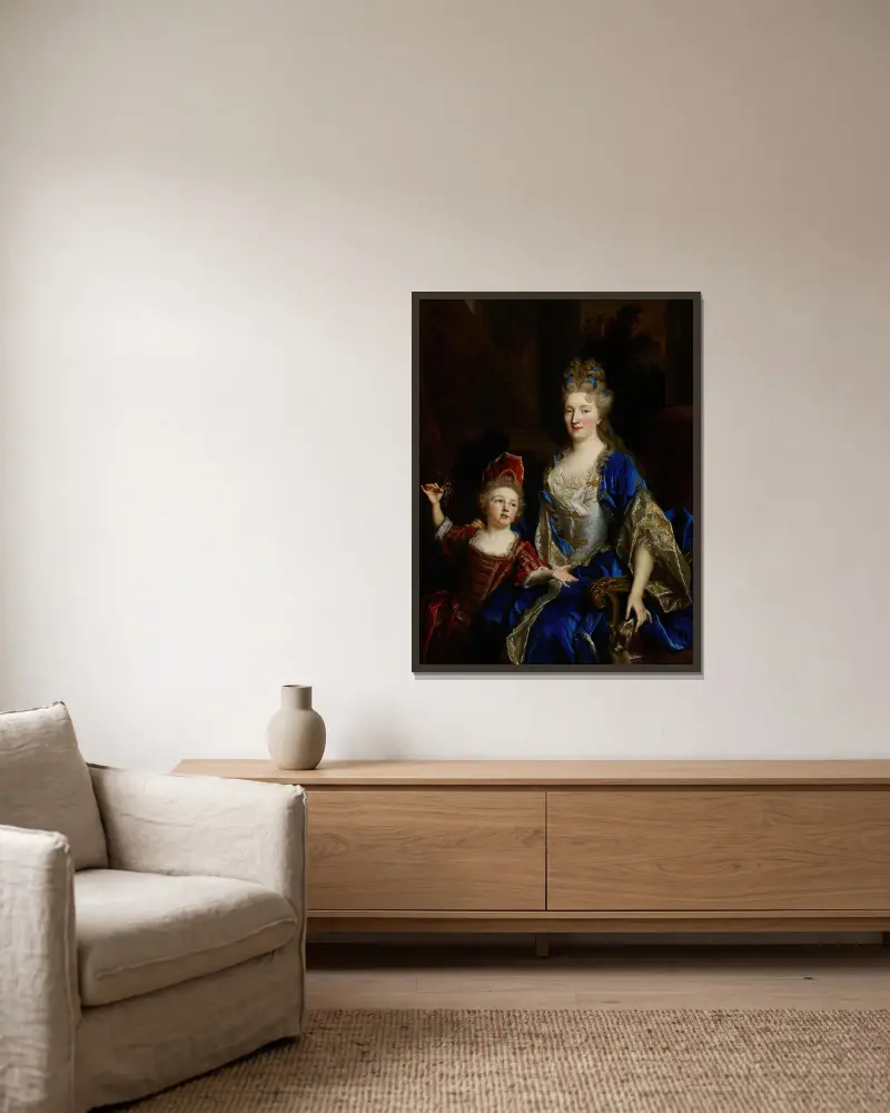Porträtt av Catherine Coustard, markisinna av Castelnau, hustru till Charles-Léonor Aubry med sin son Léonor av Nicolas de Largillière inramad på en vägg